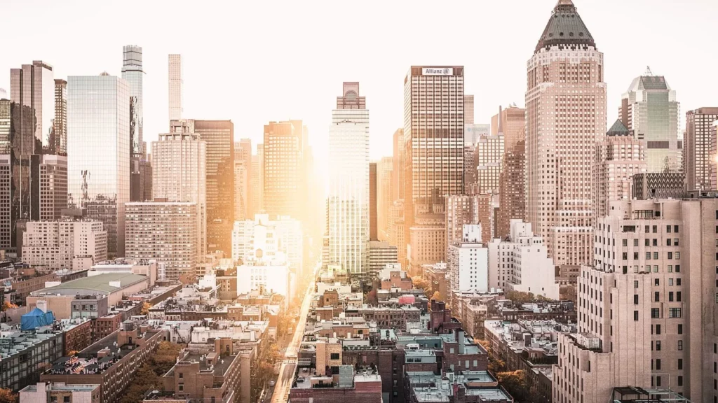 Sunrise reflecting off of skyscrapers in down town New York City