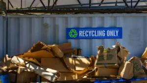 carboard packaging stacked under a 'recycling only' sign