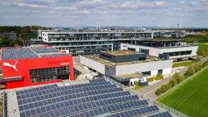 View of Puma buildings with solar panels on roof