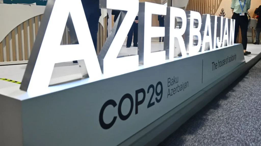 An illuminated sign for Azerbaijan Baku Cop29 conference